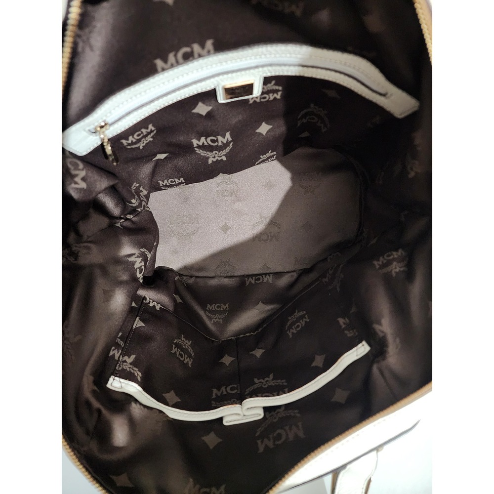 MCM White Pebbled Leather Satchel Bag Gold Hardware Contrast Stitch Logo Lining - Picture 5 of 7